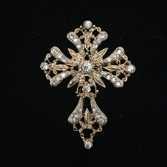 Brooch Large Cross Vintage Retro 80's Crystals Golden Ornate Women's Jewelry - Picture 3 of 11